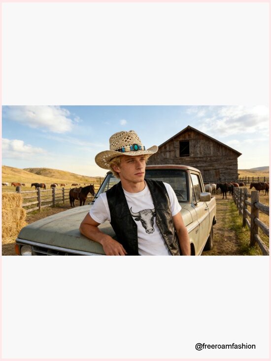 Wide Brim Woven Straw Cowboy Hat with Interchangeable Bands
